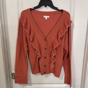 LC Lauren Conrad Rust Ruffle-Trim Button Cardigan